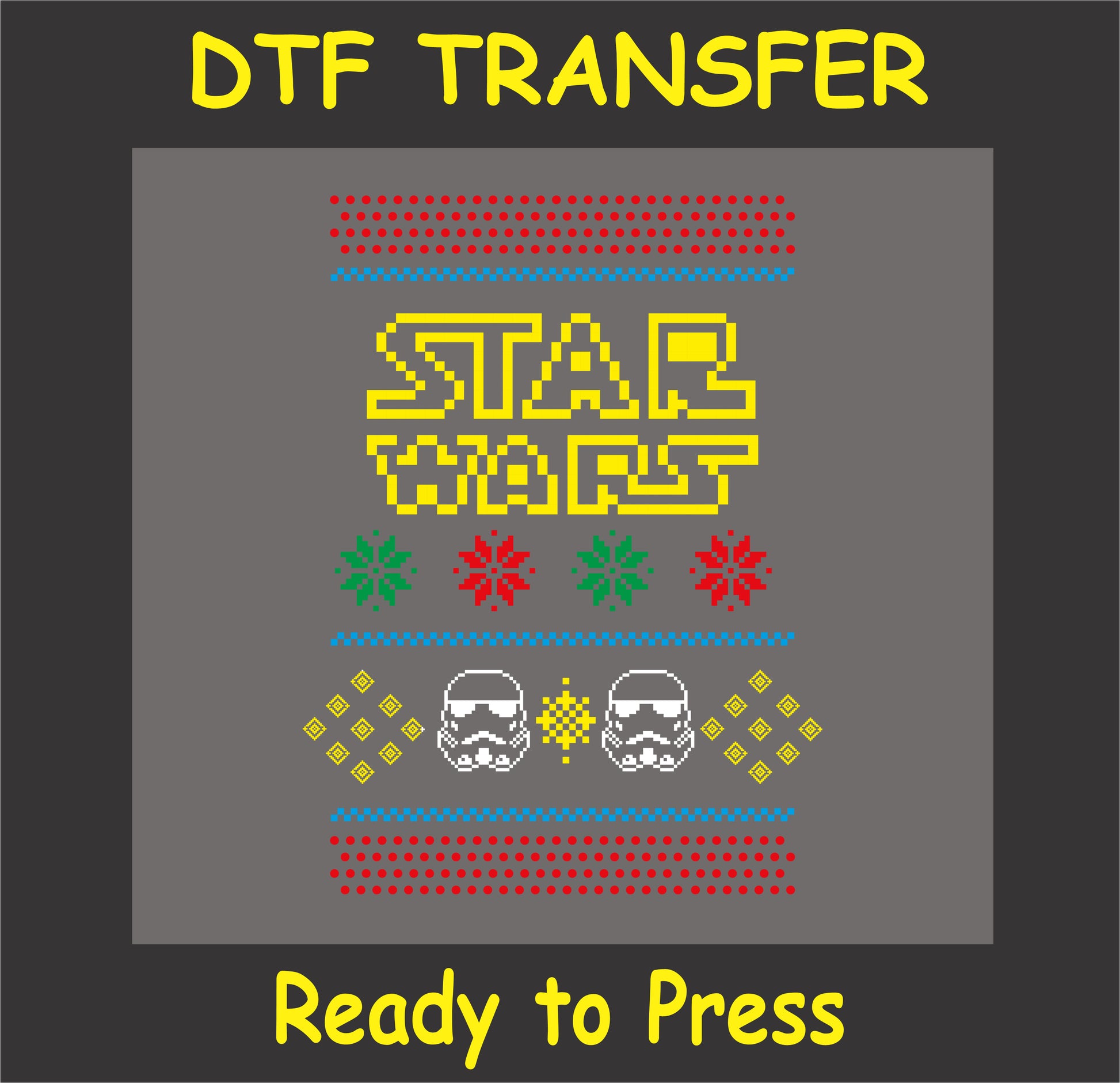 "Galaxy-inspired DTF transfer in pixelated style with festive elements for holiday sweaters"