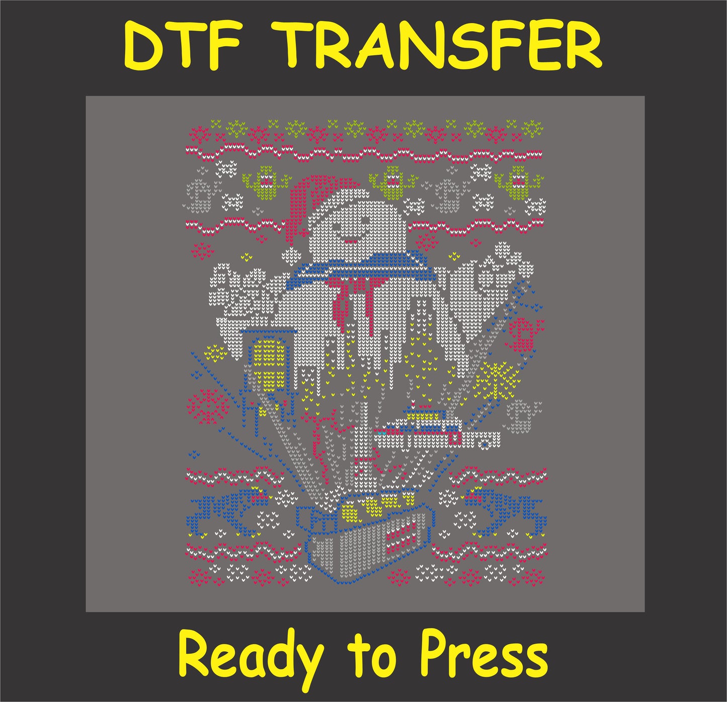 "Paranormal holiday DTF transfer with festive ghost design in pixel art for ugly sweaters"