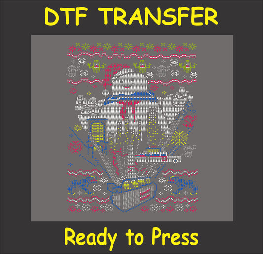 "Paranormal holiday DTF transfer with festive ghost design in pixel art for ugly sweaters"