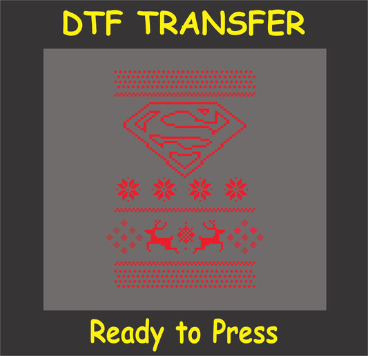 "Superhero holiday DTF transfer with emblem in pixel art for ugly sweaters"