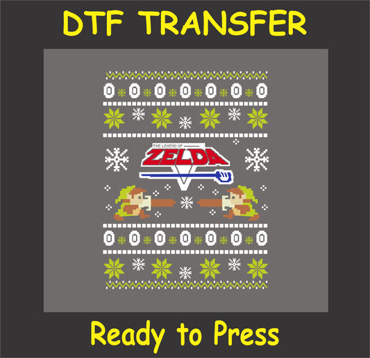 "Legendary Adventure DTF Transfer with retro pixel hero design for holiday ugly sweaters"