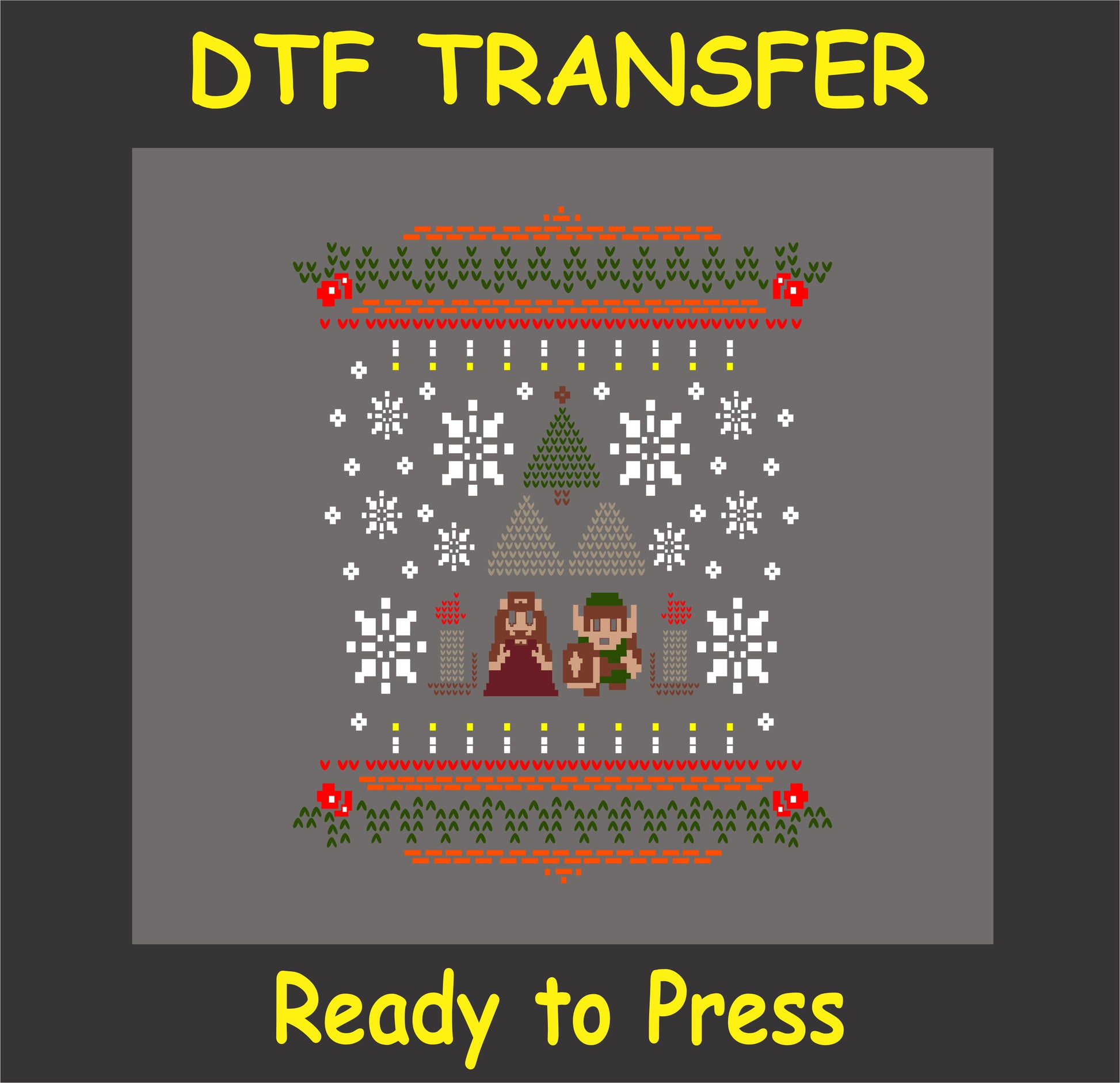 "Heroic Holiday DTF Transfer with retro pixel hero and princess design for holiday ugly sweaters"