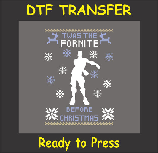 "Gaming Holiday DTF Transfer with a gamer silhouette and 'Twas the Game Before Christmas' theme for holiday sweaters"