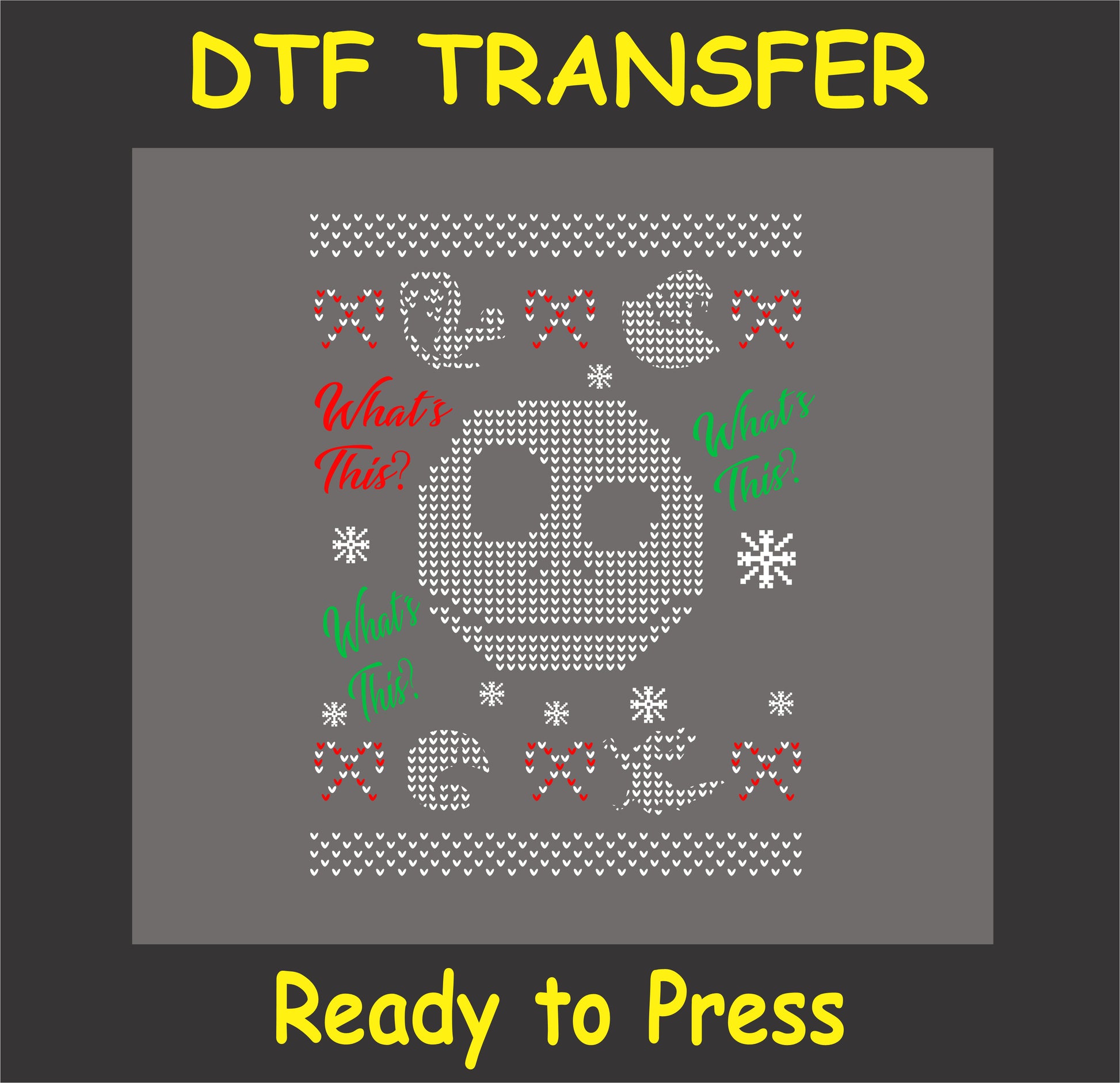 "What's This? DTF Transfer with festive skull, candy canes, and snowflakes for holiday shirts"