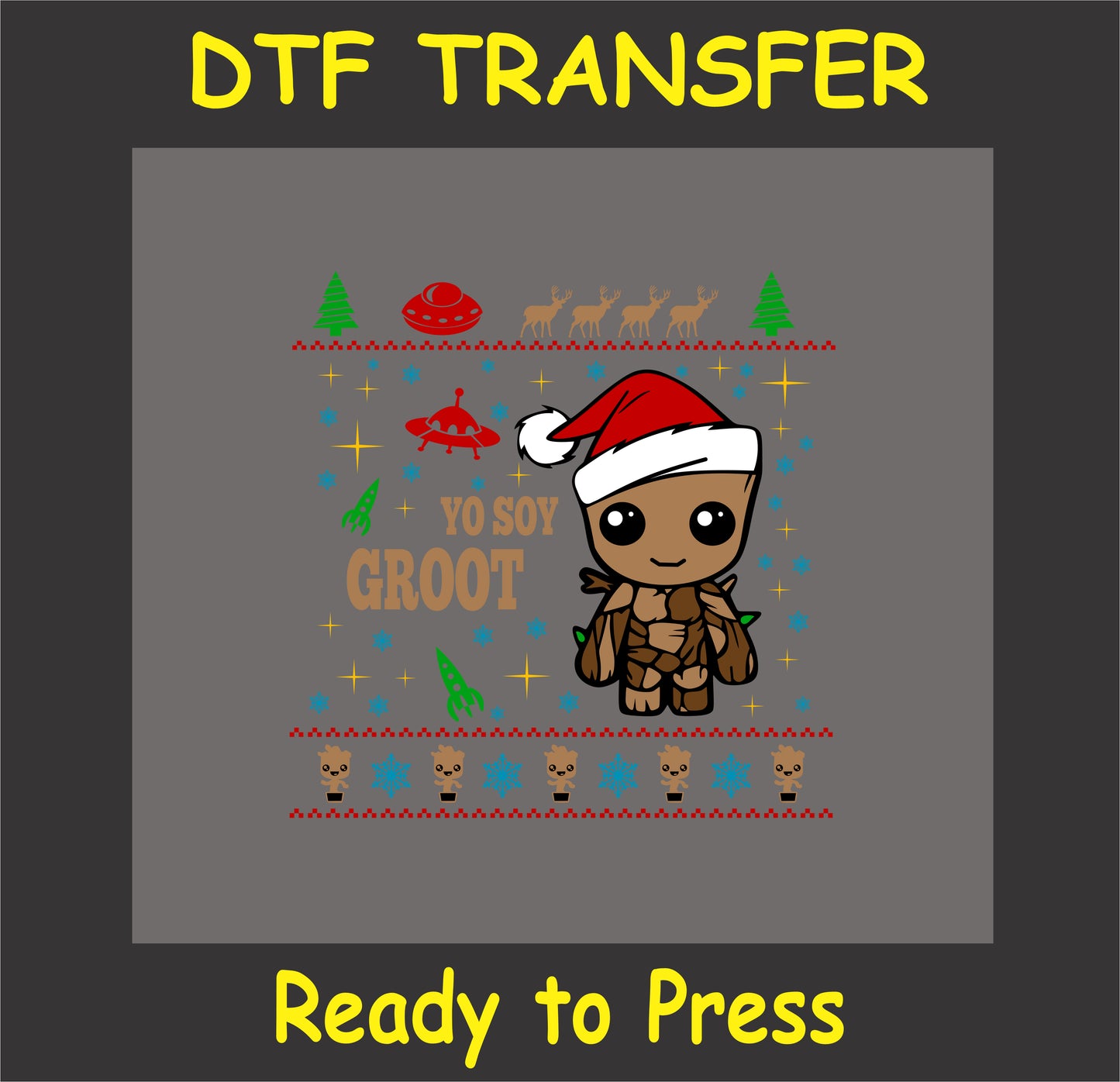 "Yo Soy Tree Hero Christmas DTF Transfer with festive tree character in Santa hat for holiday shirts"