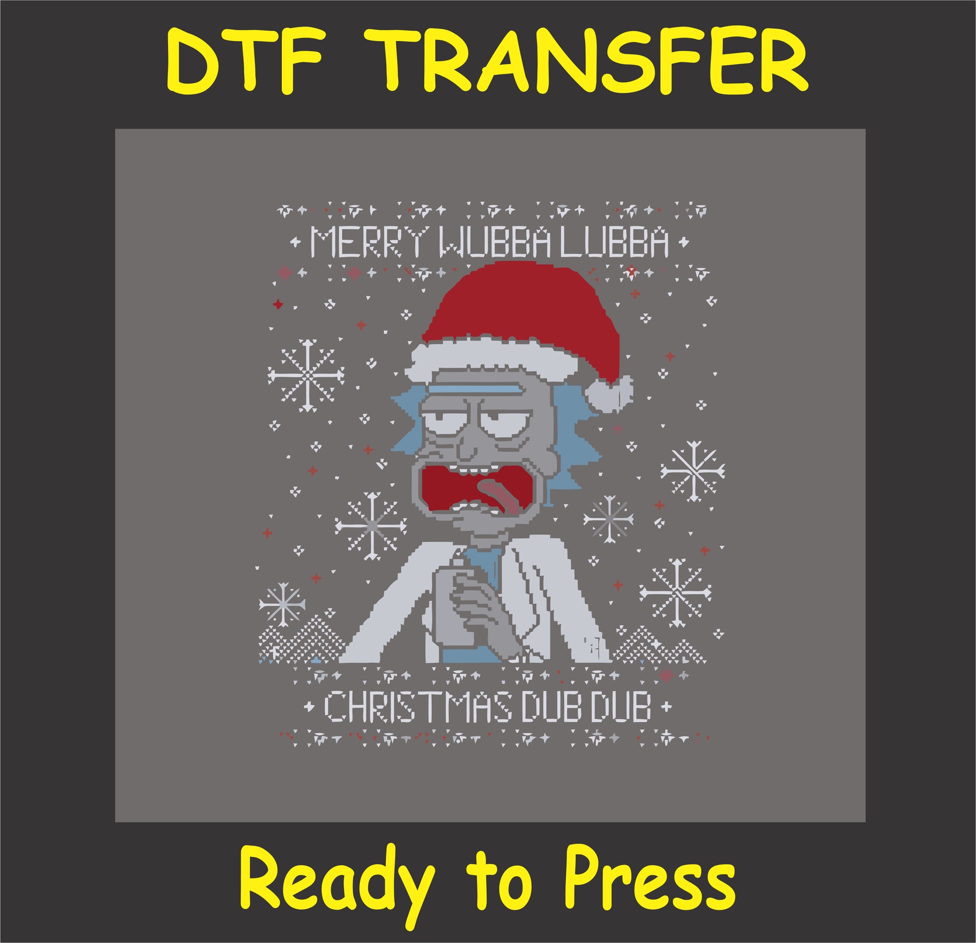 "Merry Wubba Lubba Christmas DTF Transfer with funny sci-fi character in Santa hat for holiday shirts"