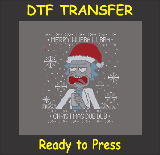 "Merry Wubba Lubba Christmas DTF Transfer with funny sci-fi character in Santa hat for holiday shirts"