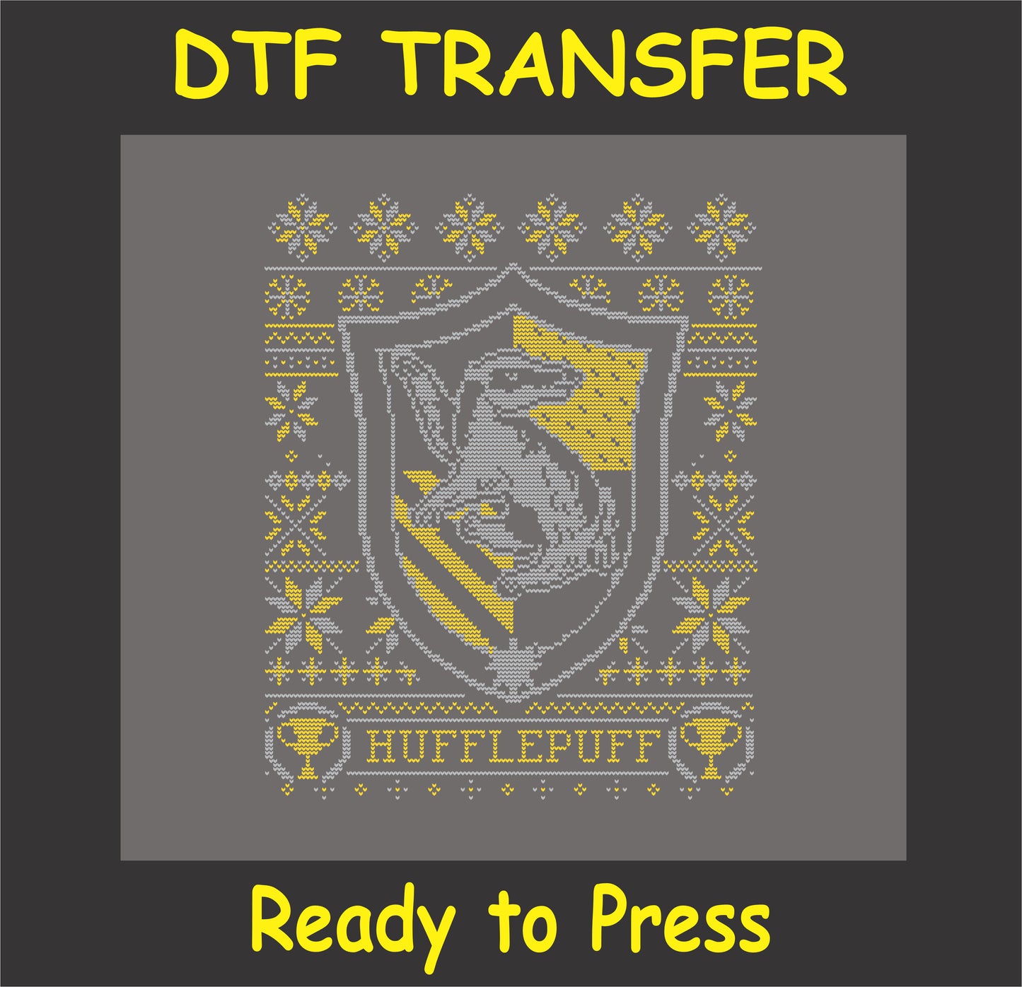 "Badger Crest DTF Transfer with cozy knitted design for holiday sweaters"