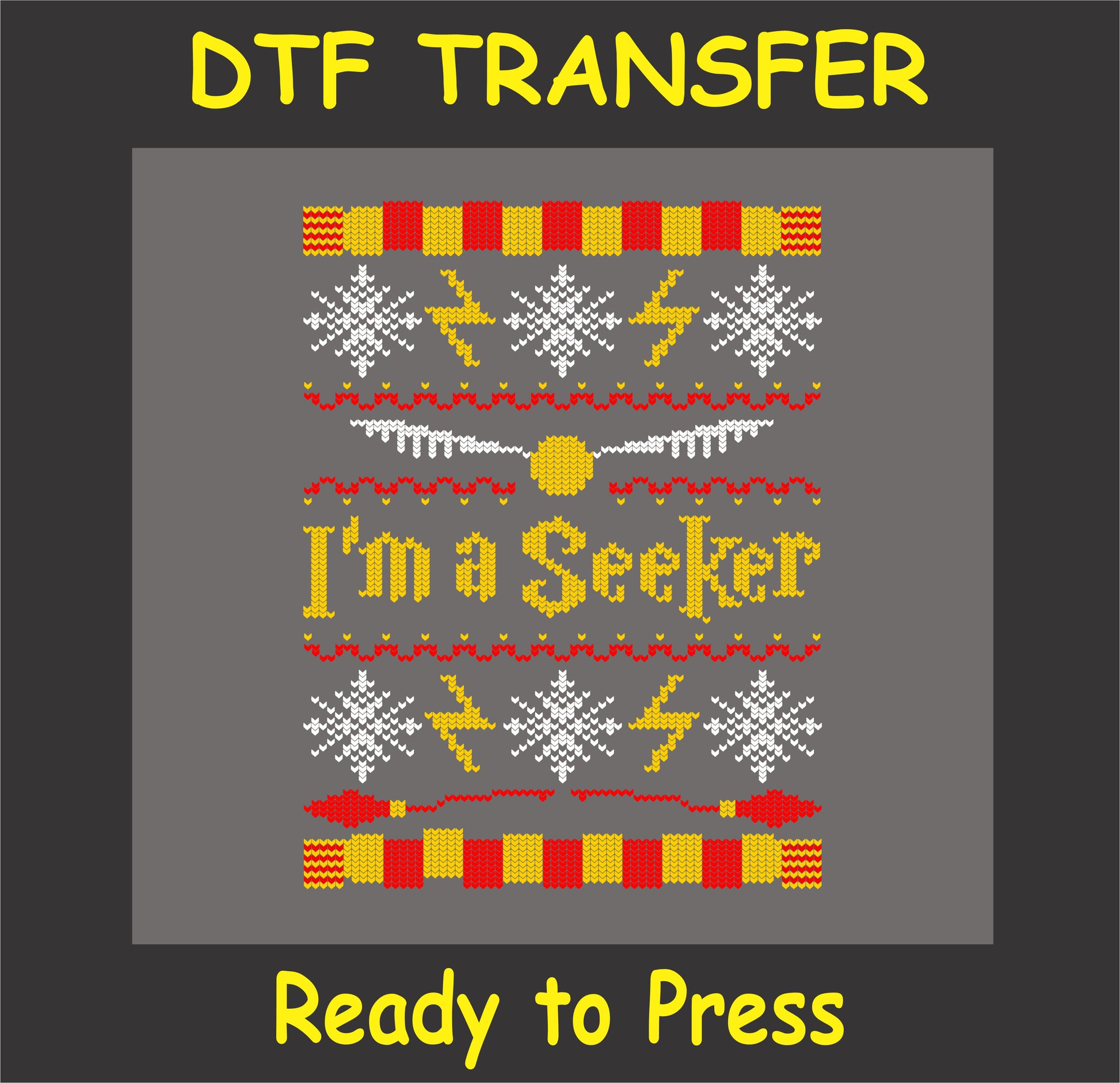 "Golden Seeker DTF Transfer with knitted design and festive elements"