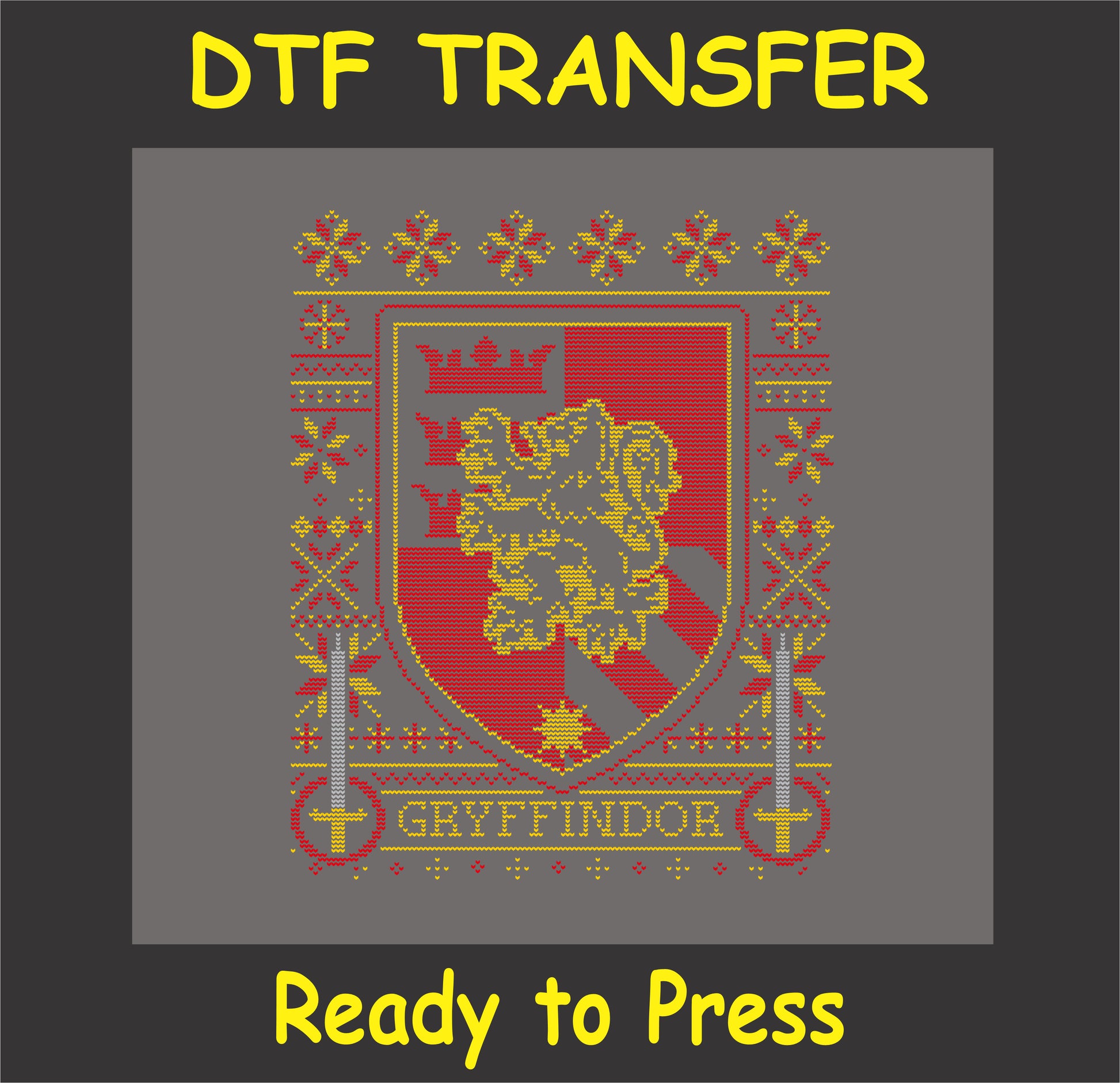 "Lion Crest DTF Transfer with cozy holiday sweater design inspired by bravery and magic"