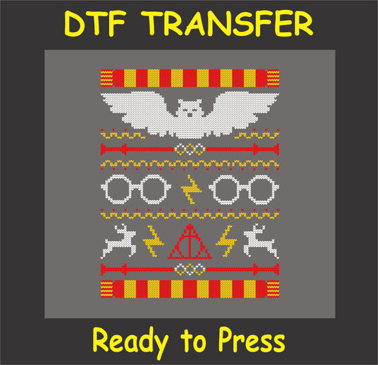 "Wizardly Holiday DTF Transfer with owl, lightning bolts, and magical elements in cozy holiday style"