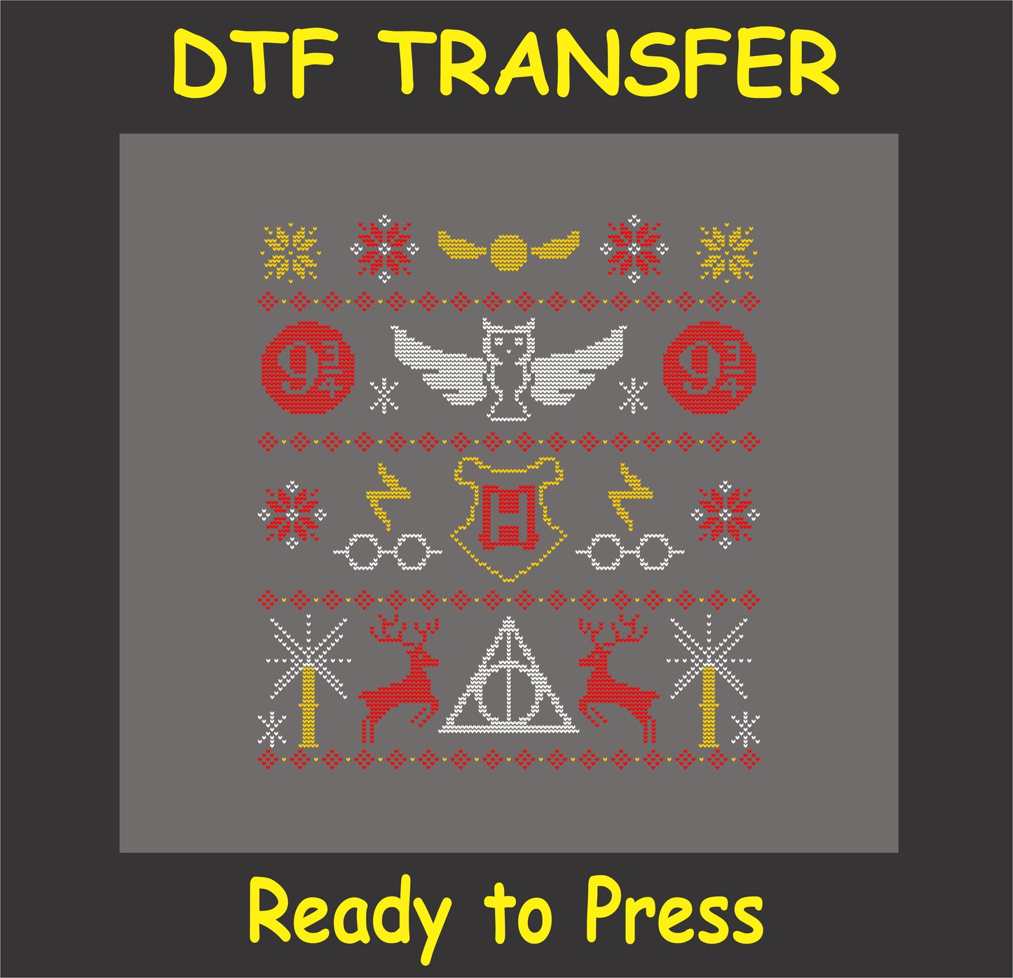 "Magical School Holiday DTF Transfer with wizarding symbols, owl, lightning bolts, and crest in festive style"