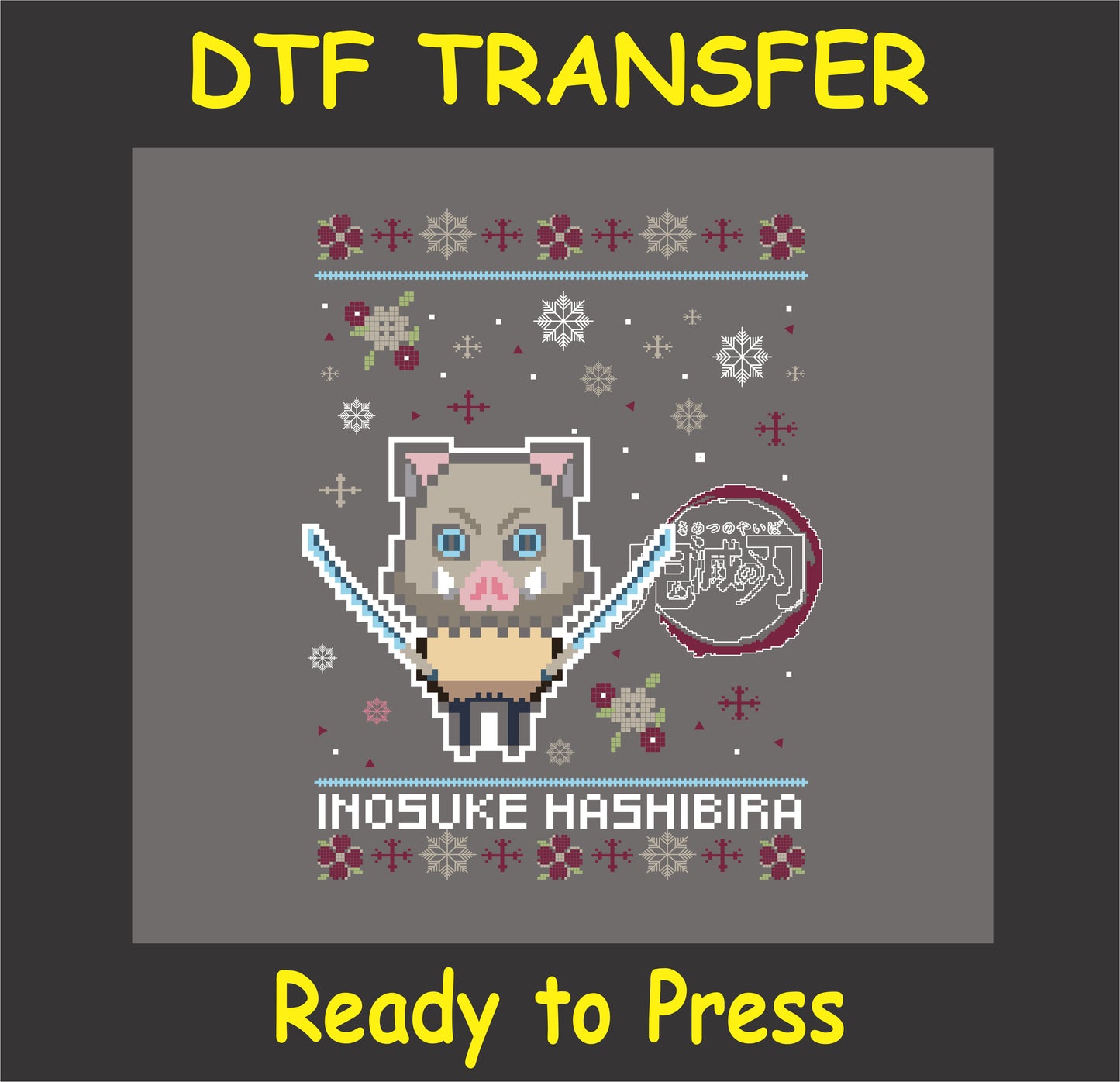 "Anime Boar Warrior Holiday DTF Transfer with chibi swordsman design for festive apparel"