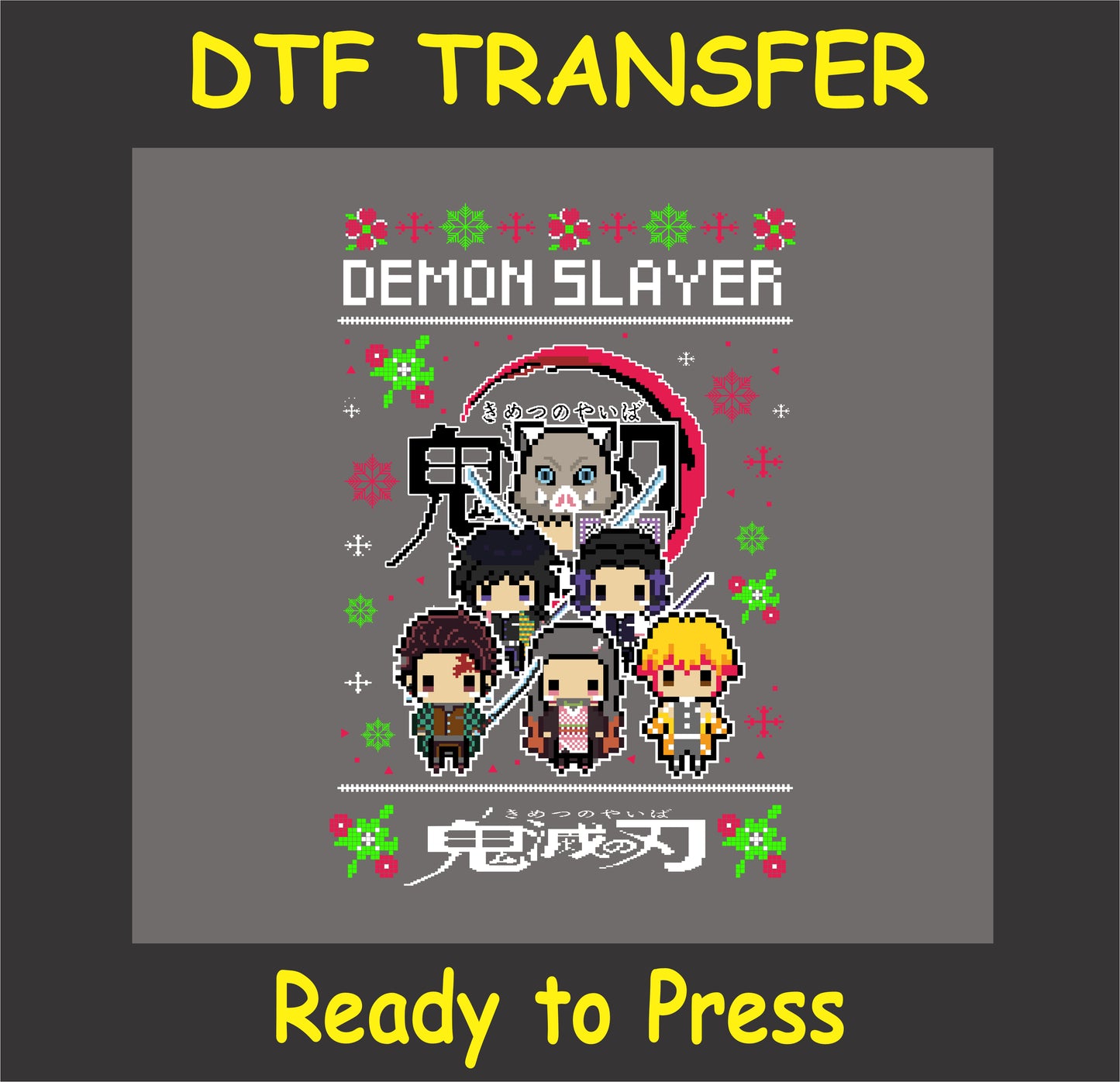 "Chibi Anime Team Holiday DTF Transfer with festive character design for anime fan apparel"