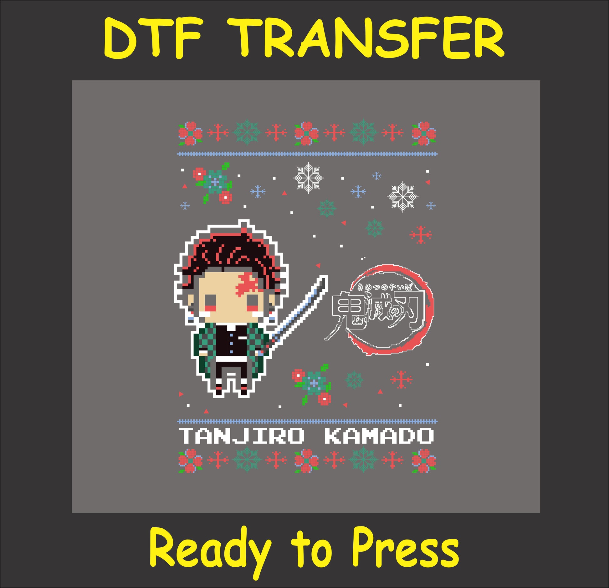 "Chibi sword warrior holiday DTF transfer with festive anime-inspired design"