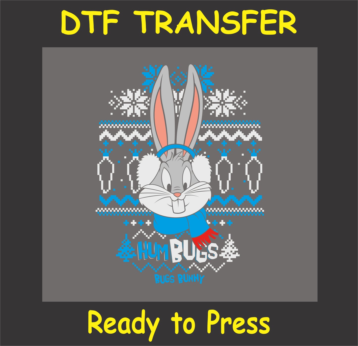 "Festive bunny DTF transfer with winter earmuffs and scarf, 'Hum Bugs' holiday design"