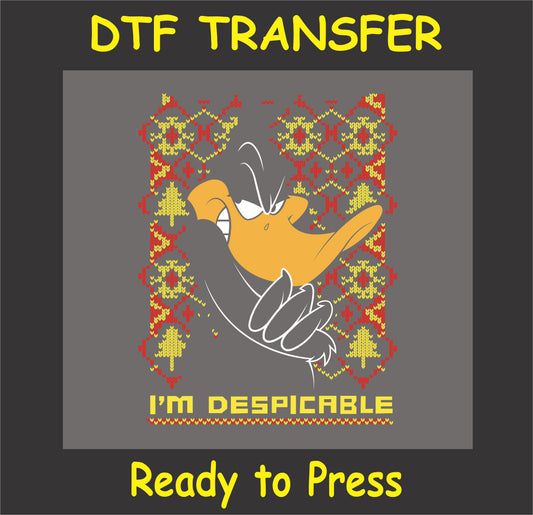 "Funny cartoon DTF transfer with 'I'm Despicable' holiday design"