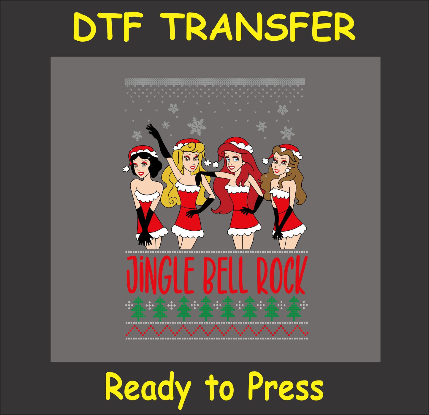 "Jingle Bell Rock DTF Transfer with festive dancing characters in Christmas outfits"