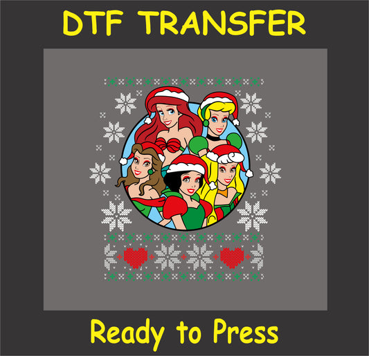 "Holiday Princesses DTF Transfer with festive characters, snowflakes, and hearts"