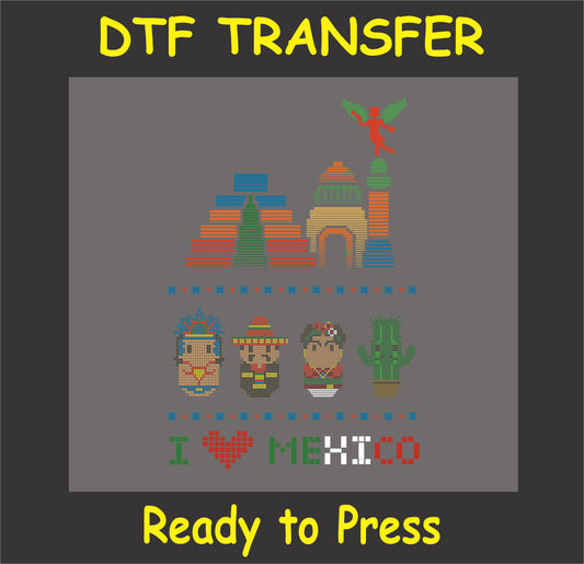 "I ❤️ Mexico DTF Transfer with Mexican symbols and colorful elements"