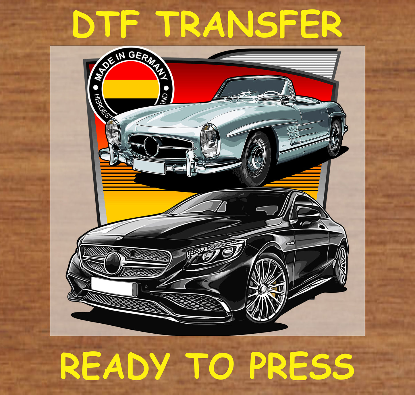 "Classic and modern German cars DTF transfer featuring a vintage roadster and luxury sedan"