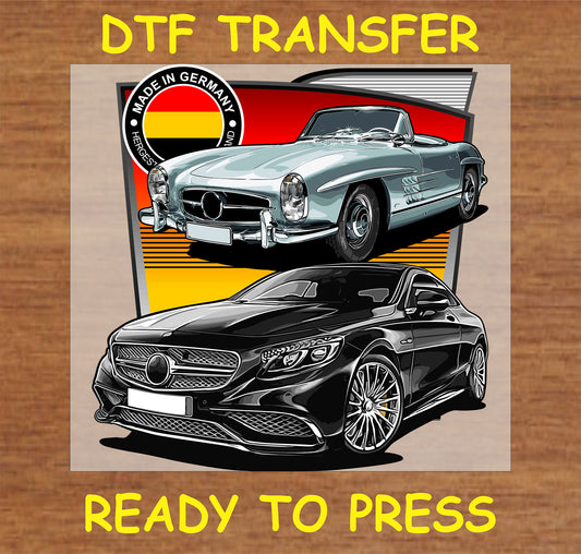 "Classic and modern German cars DTF transfer featuring a vintage roadster and luxury sedan"