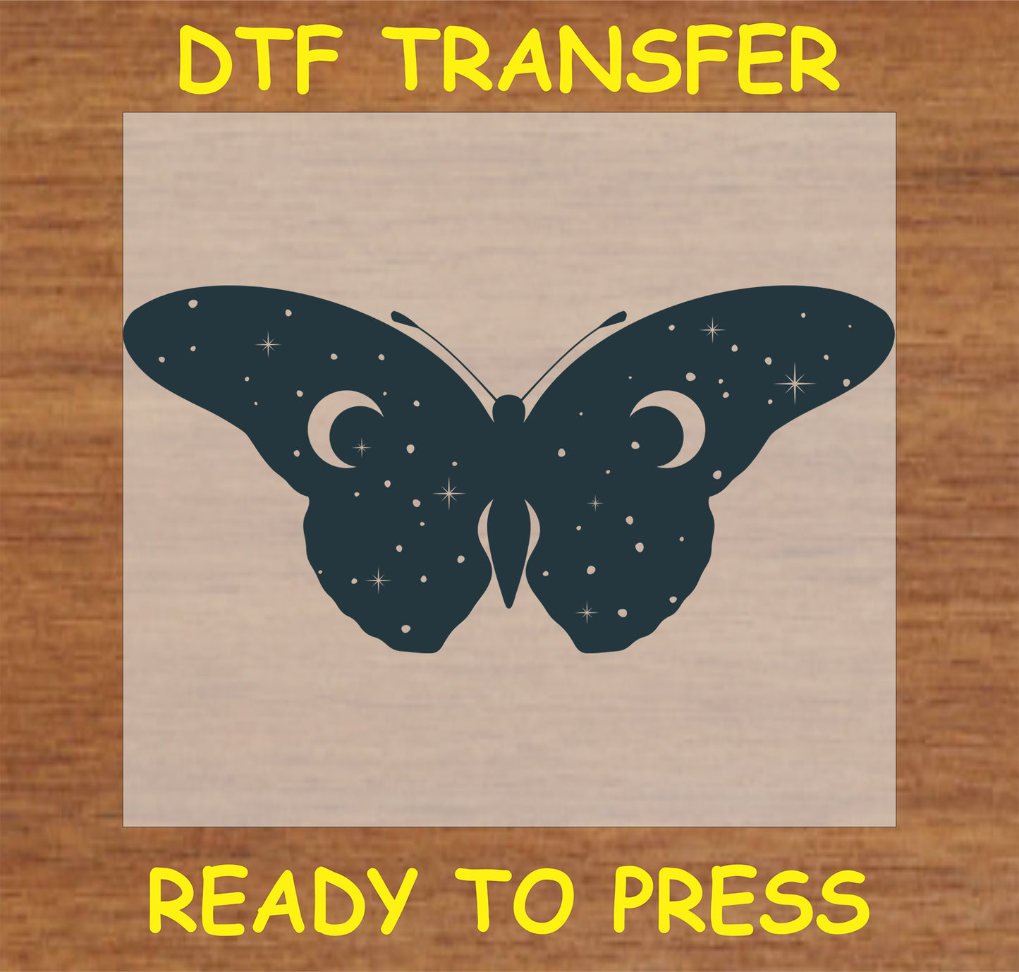 "Celestial butterfly DTF transfer with moon and star details"