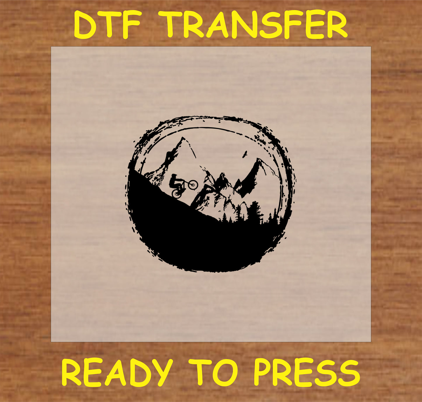 "Mountain Biking Adventure DTF Transfer with scenic mountain landscape and cyclist graphic"