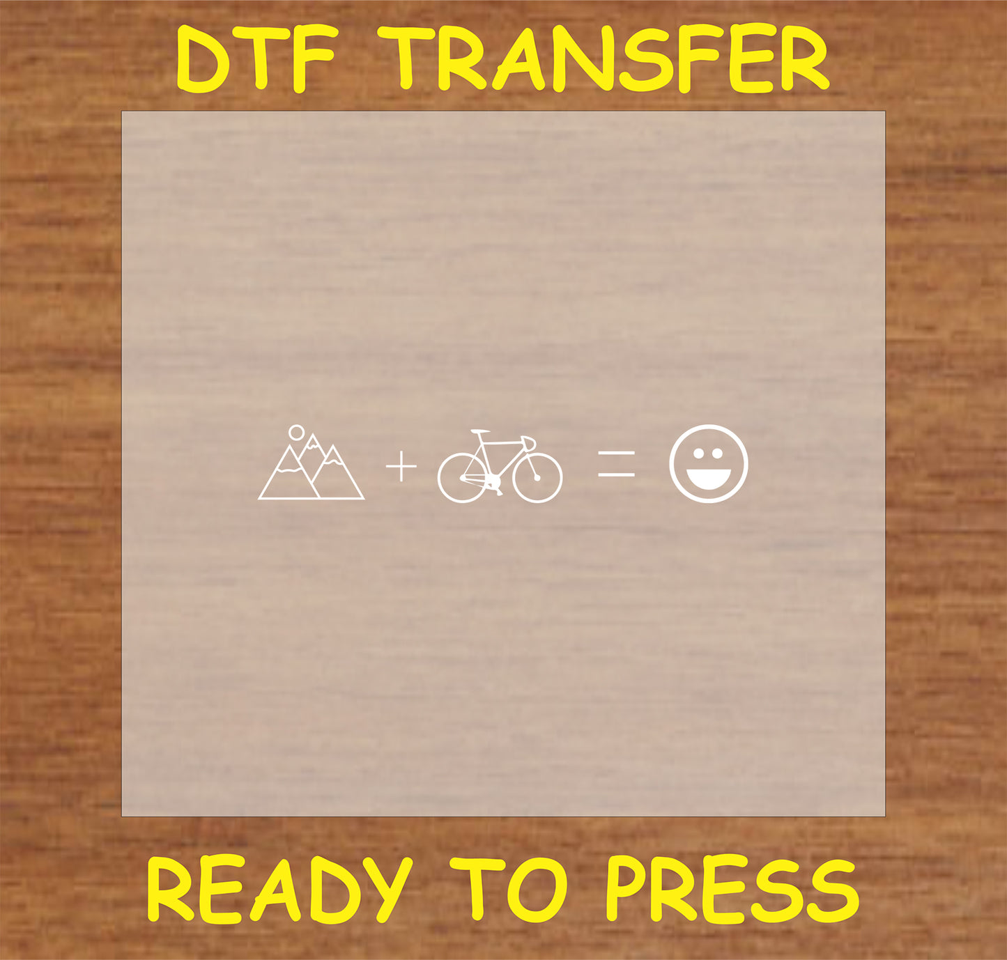 "Mountains + Bike = Happy DTF Transfer with simple mountain, bike, and smiley icon equation"