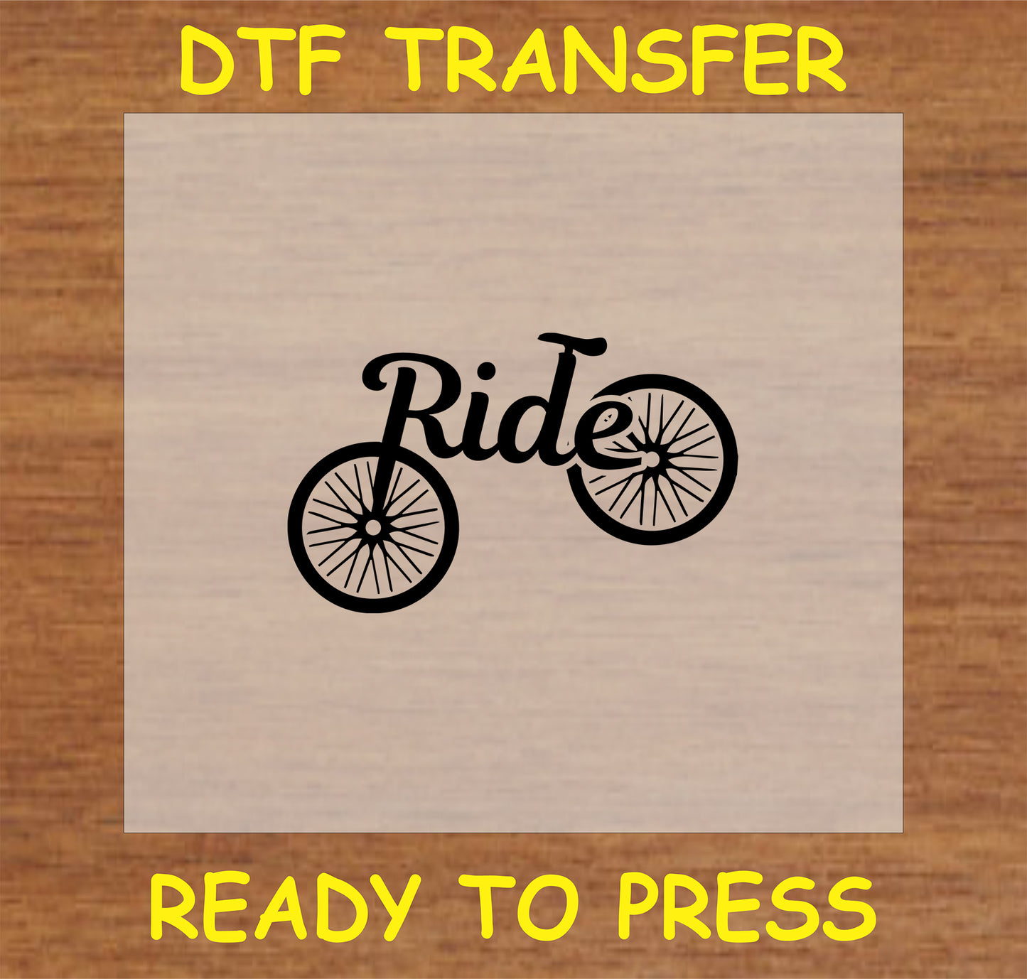 "Ride DTF Transfer with simple bicycle graphic and word 'Ride' integrated"