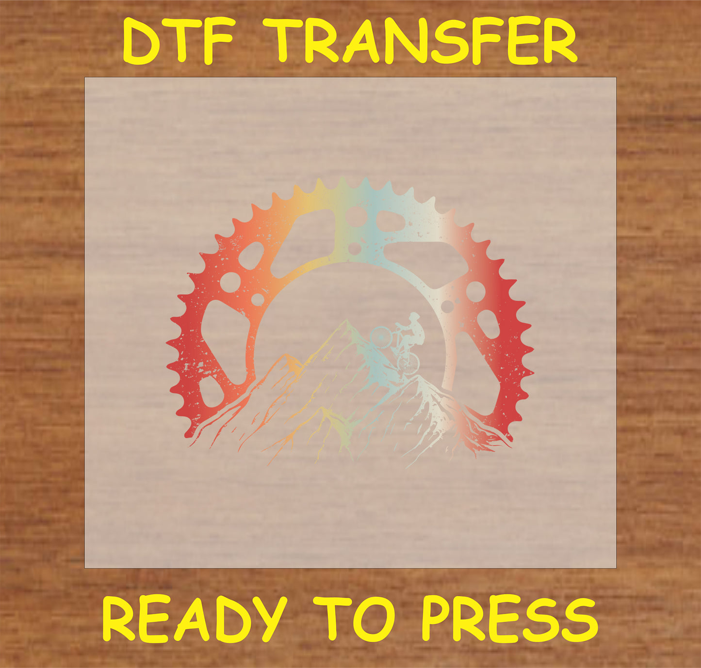 "Mountain Gear DTF Transfer with gradient bike gear and mountain design for cyclists"