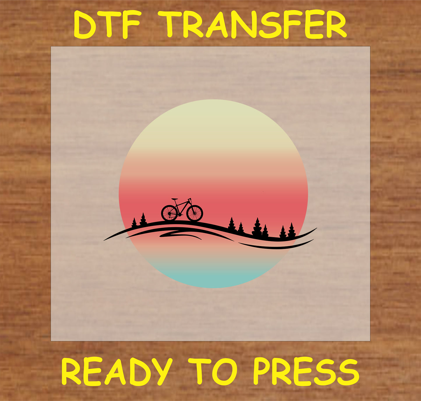 "Sunset Bicycle Adventure DTF Transfer with scenic sunset and bicycle silhouette for nature lovers"