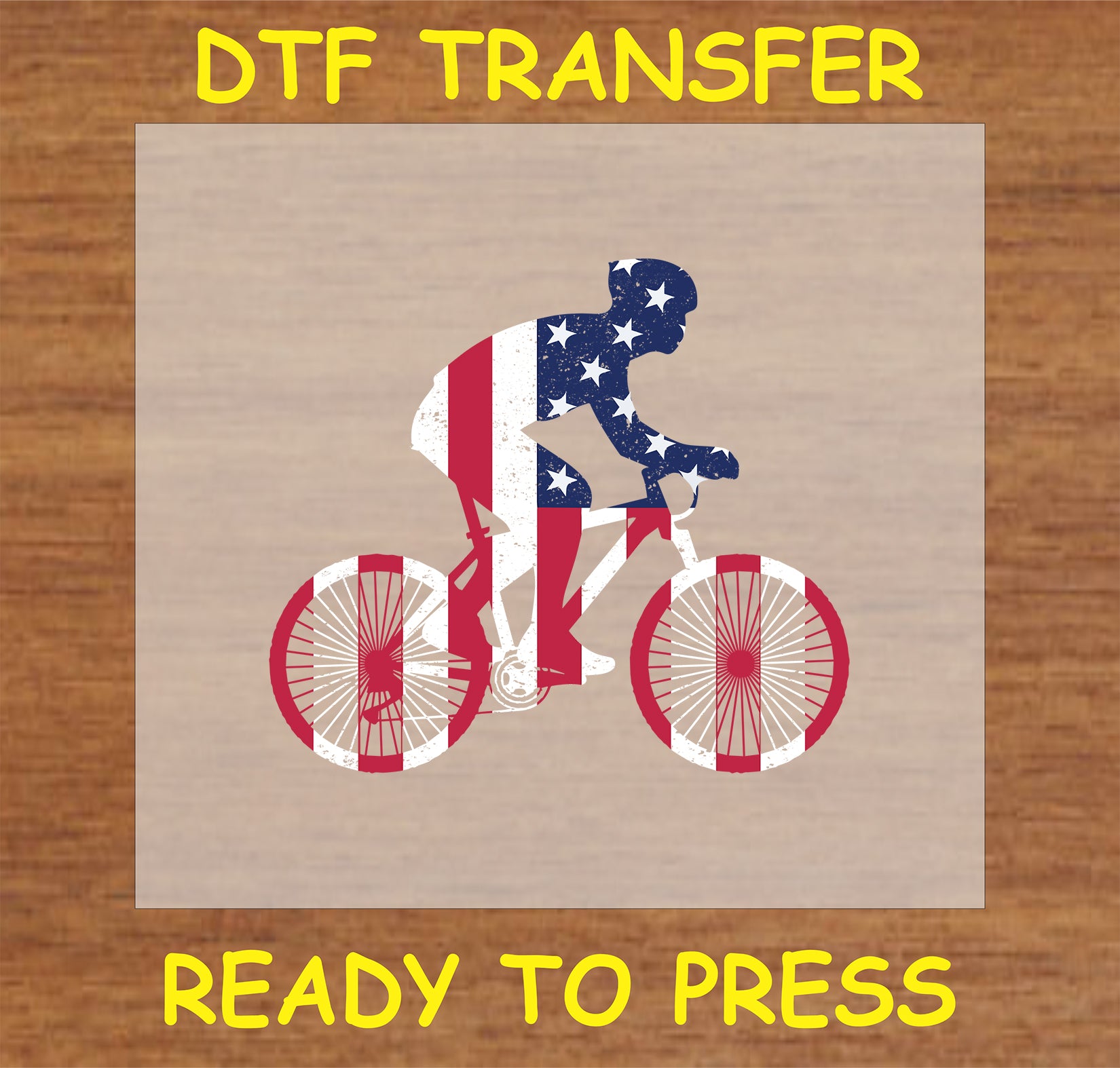 "Patriotic Cyclist DTF Transfer with American flag design for cycling enthusiasts"