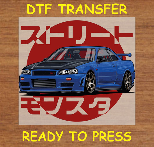 "Street Monster DTF Transfer with Japanese GTR car design and Kanji text for car enthusiasts"