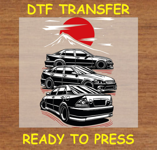 "Japanese Car Trio DTF Transfer with Mount Fuji and rising sun design for JDM car enthusiasts"