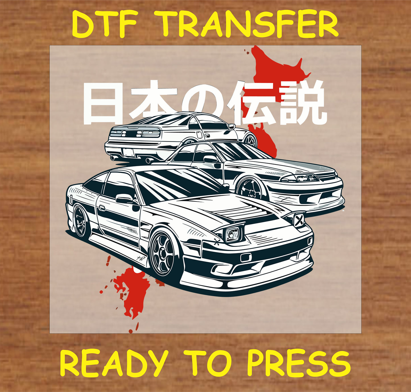 "Japanese Legends Car Trio DTF Transfer with JDM cars, Japanese text, and red Japan map background"