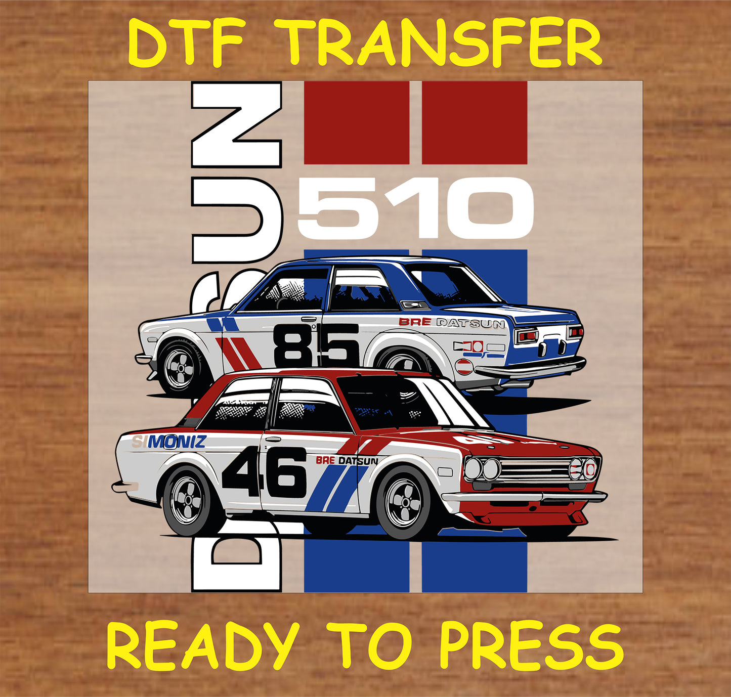 "Datsun 510 BRE Racing DTF Transfer featuring classic race cars in red, white, and blue"