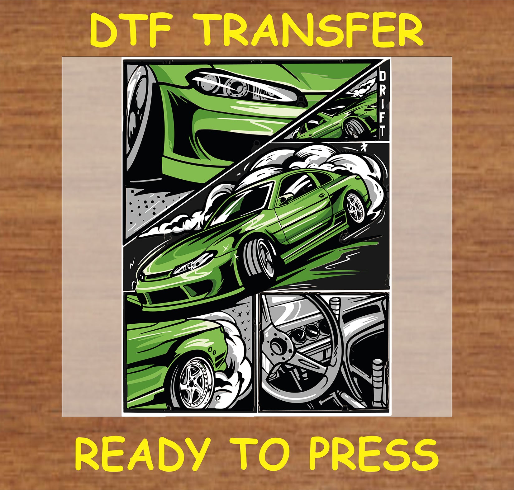 "Green Drift Car DTF Transfer featuring dynamic drifting action and car details"