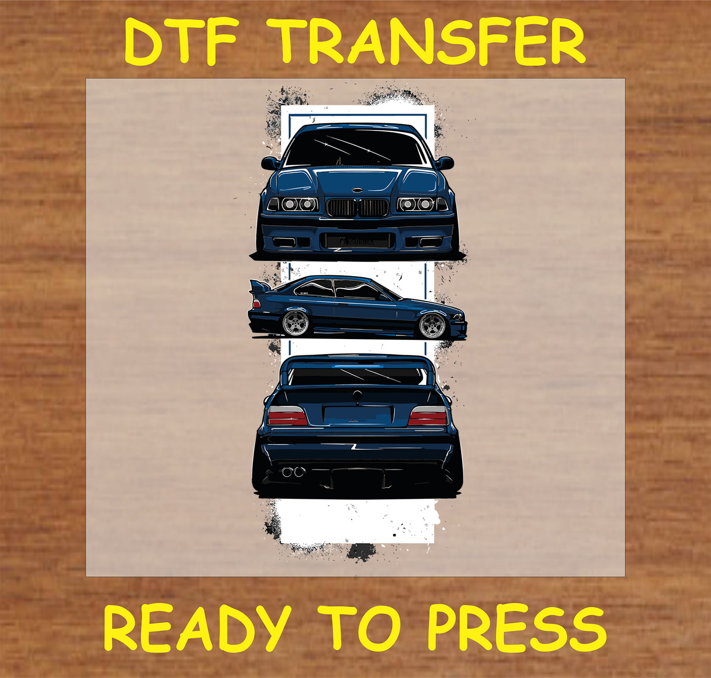 "Blue Car Trio DTF Transfer featuring front, side, and rear views of a sleek blue car"