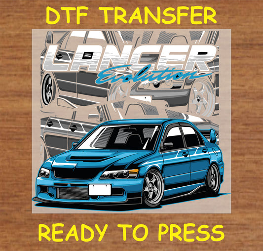 "Lancer Evolution DTF Transfer featuring a detailed blue car design for automotive enthusiasts"