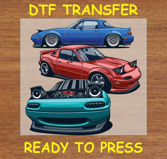 "Classic Miata Trio DTF Transfer with blue, red, and teal Miata designs for car enthusiasts"