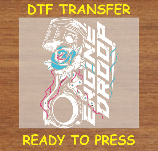 "Engine Drop DTF Transfer with piston and rose design for car enthusiasts"