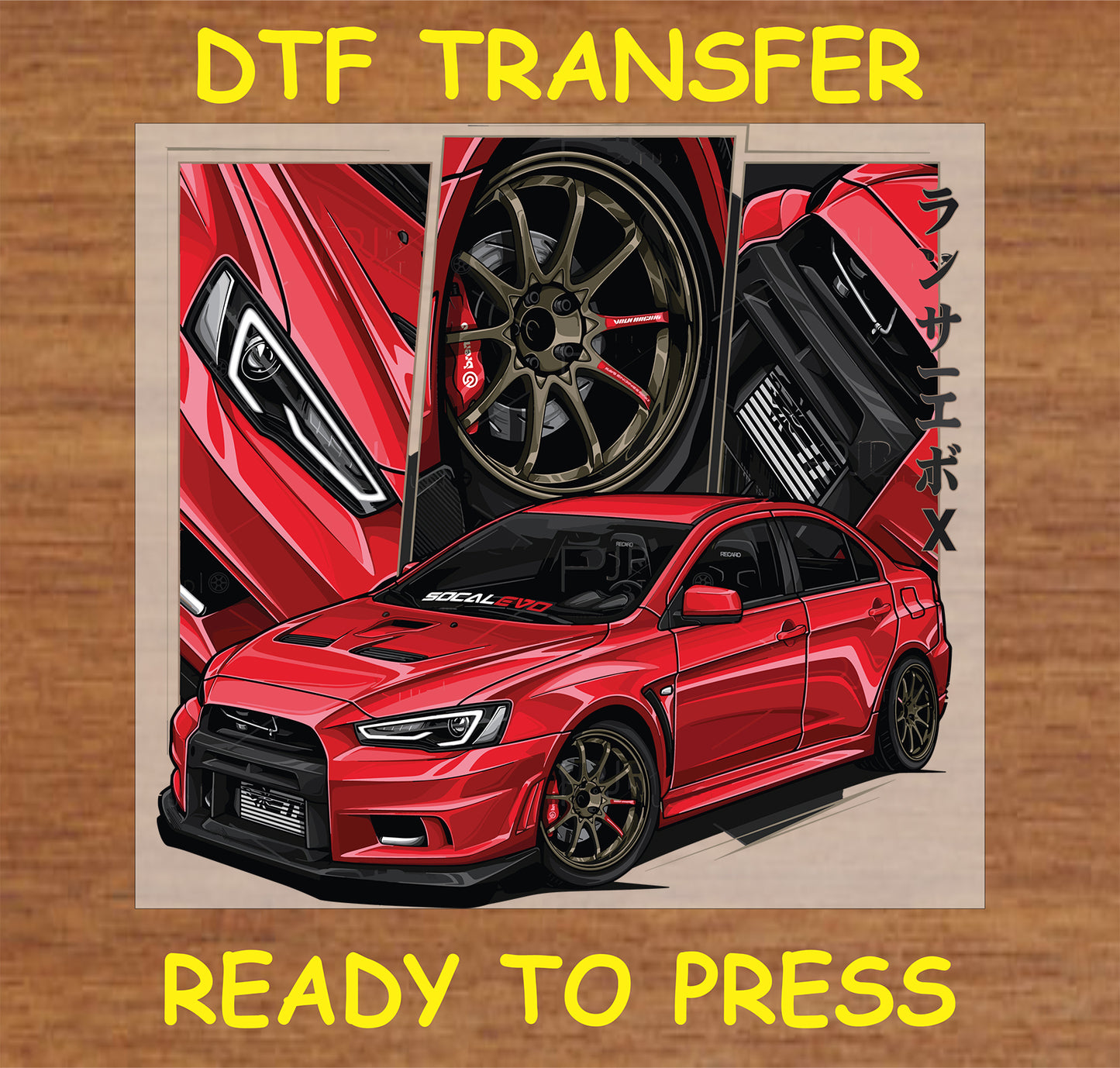 "Red Evo X DTF Transfer with detailed JDM car design and Japanese text for car enthusiasts"