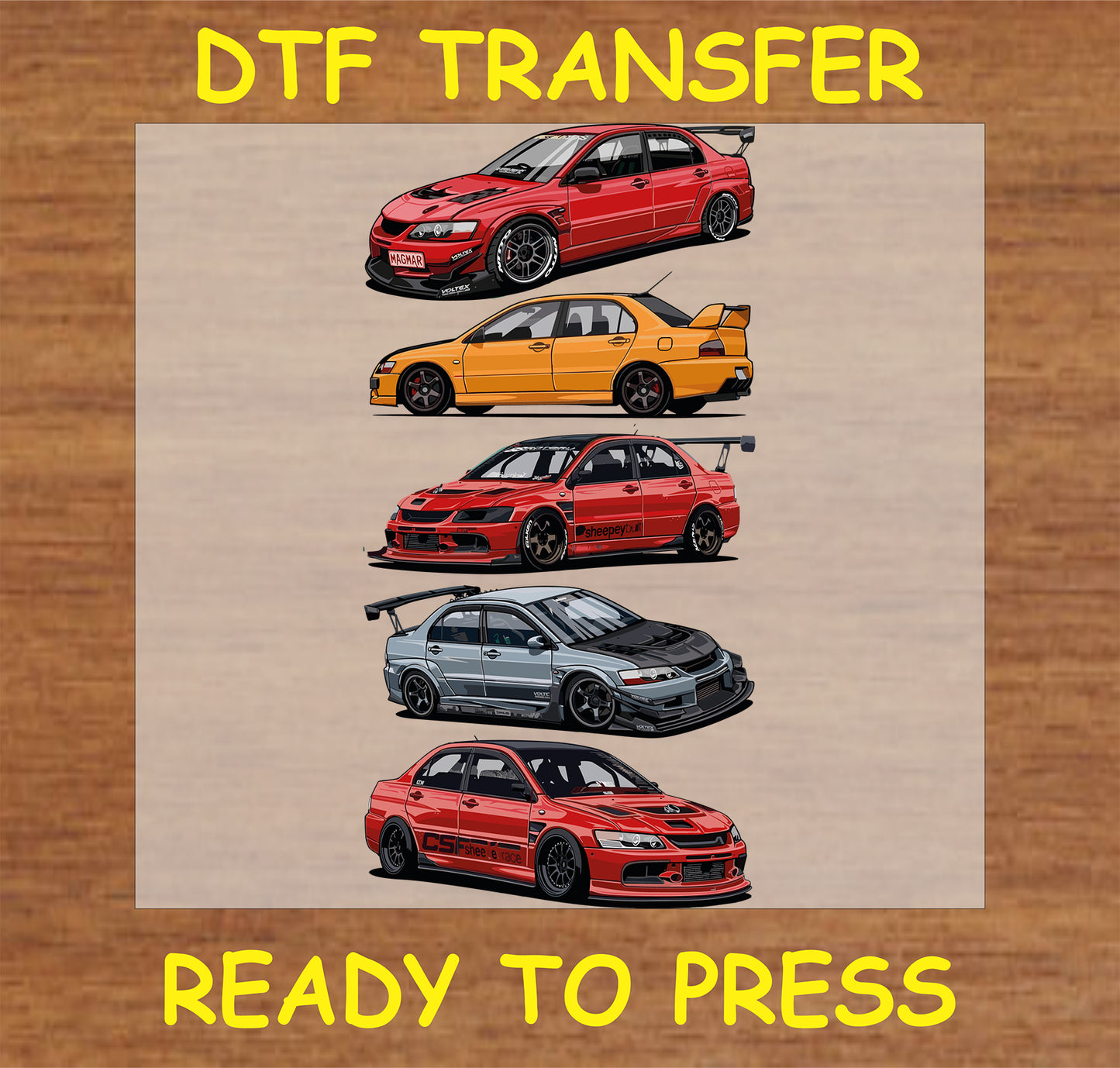 "Evo Collection DTF Transfer featuring multiple Mitsubishi Evo models in various colors for JDM fans"