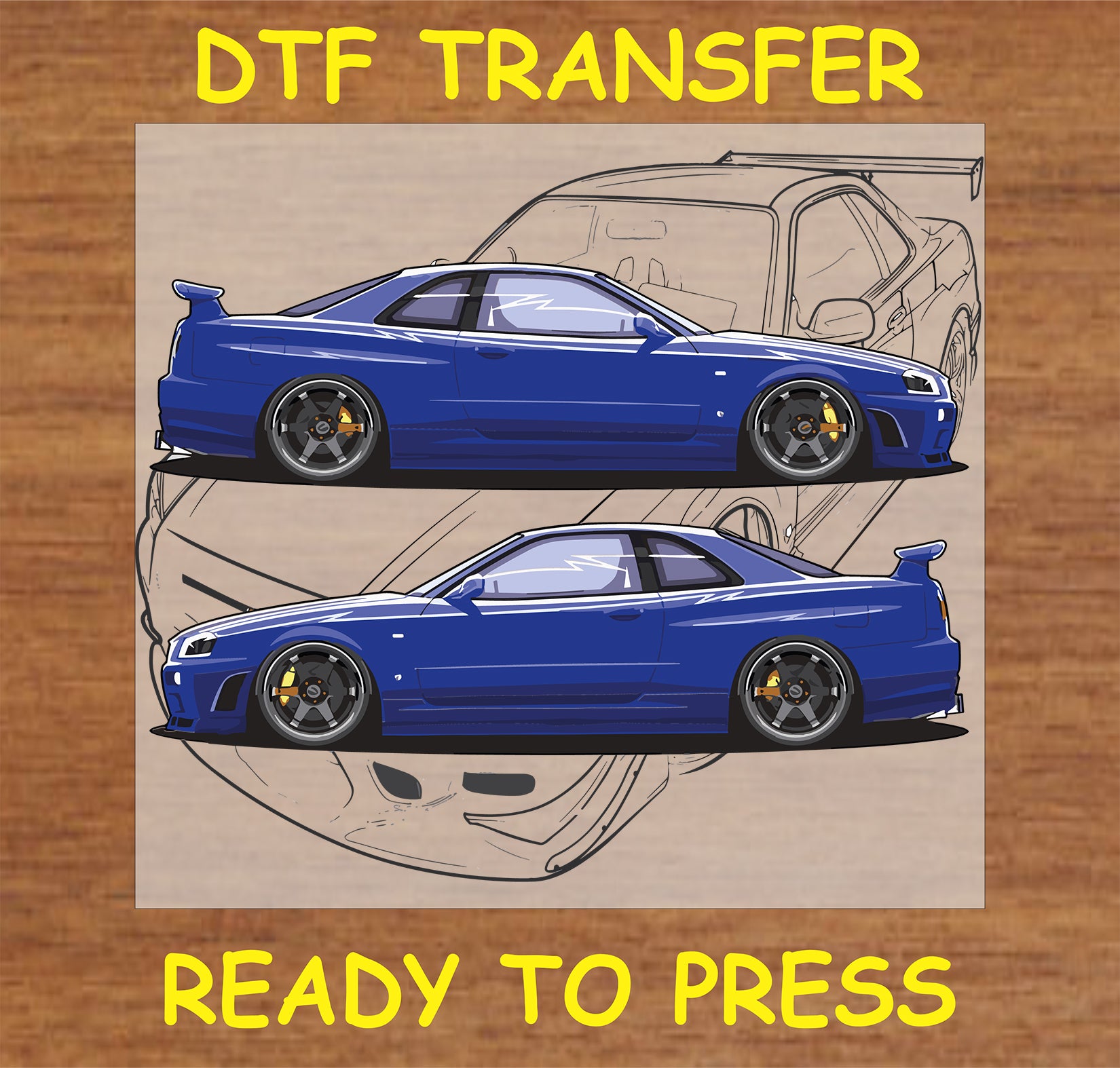 "Skyline GTR Blue DTF Transfer featuring a side-view design of the iconic blue JDM car"