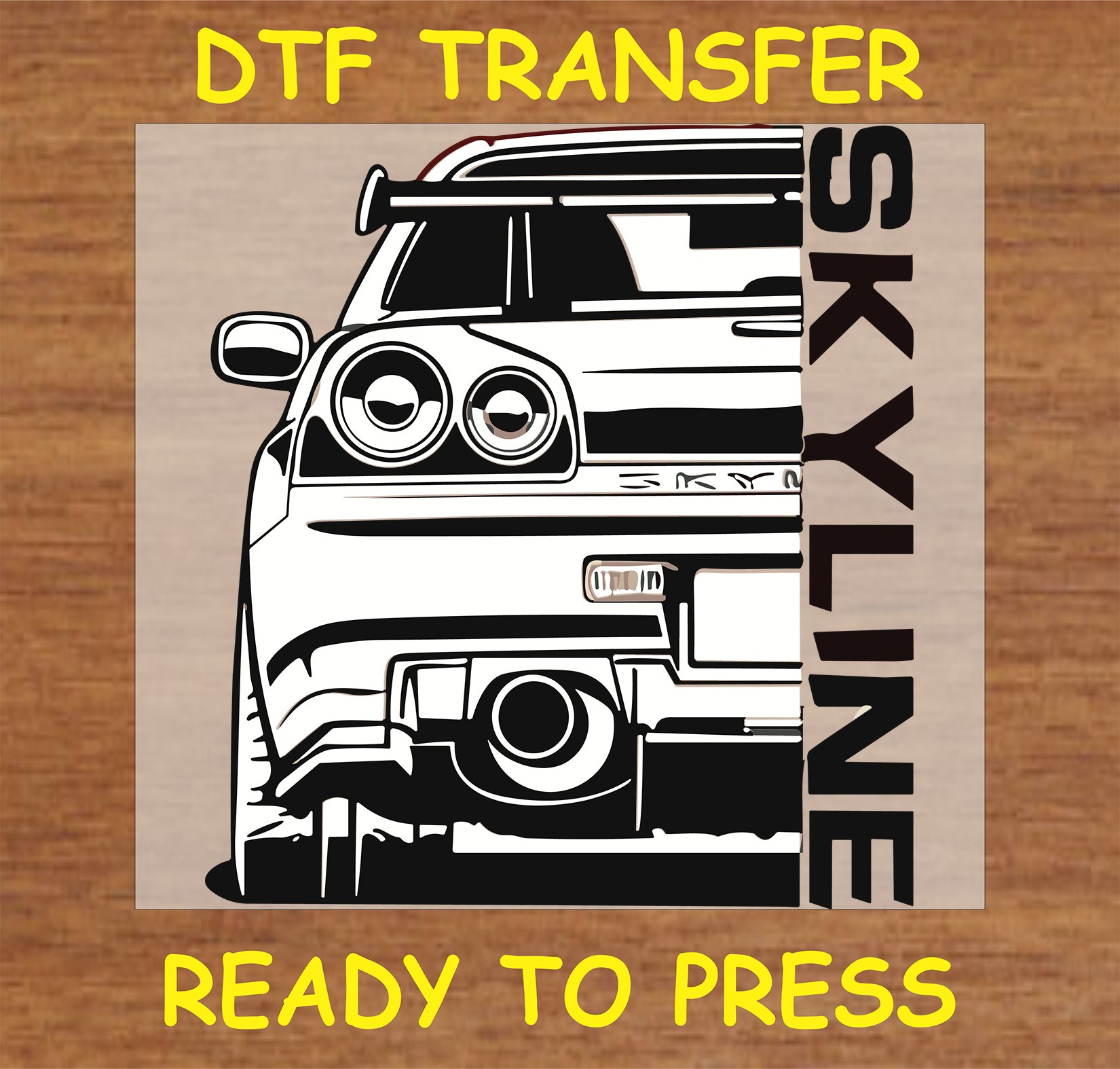 "Skyline Rear View DTF Transfer with rear car design and vertical Skyline text for JDM fans"