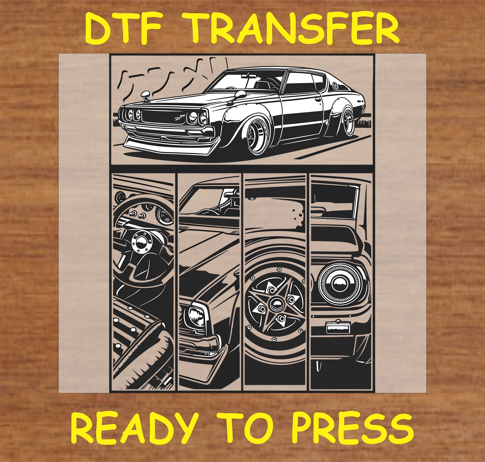 "Classic car DTF Transfer with vintage car interior and exterior panel design"