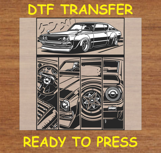 "Classic car DTF Transfer with vintage car interior and exterior panel design"