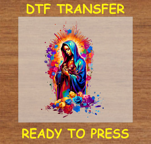 "Virgin Mary DTF Transfer with vibrant floral design and colorful artistic elements"