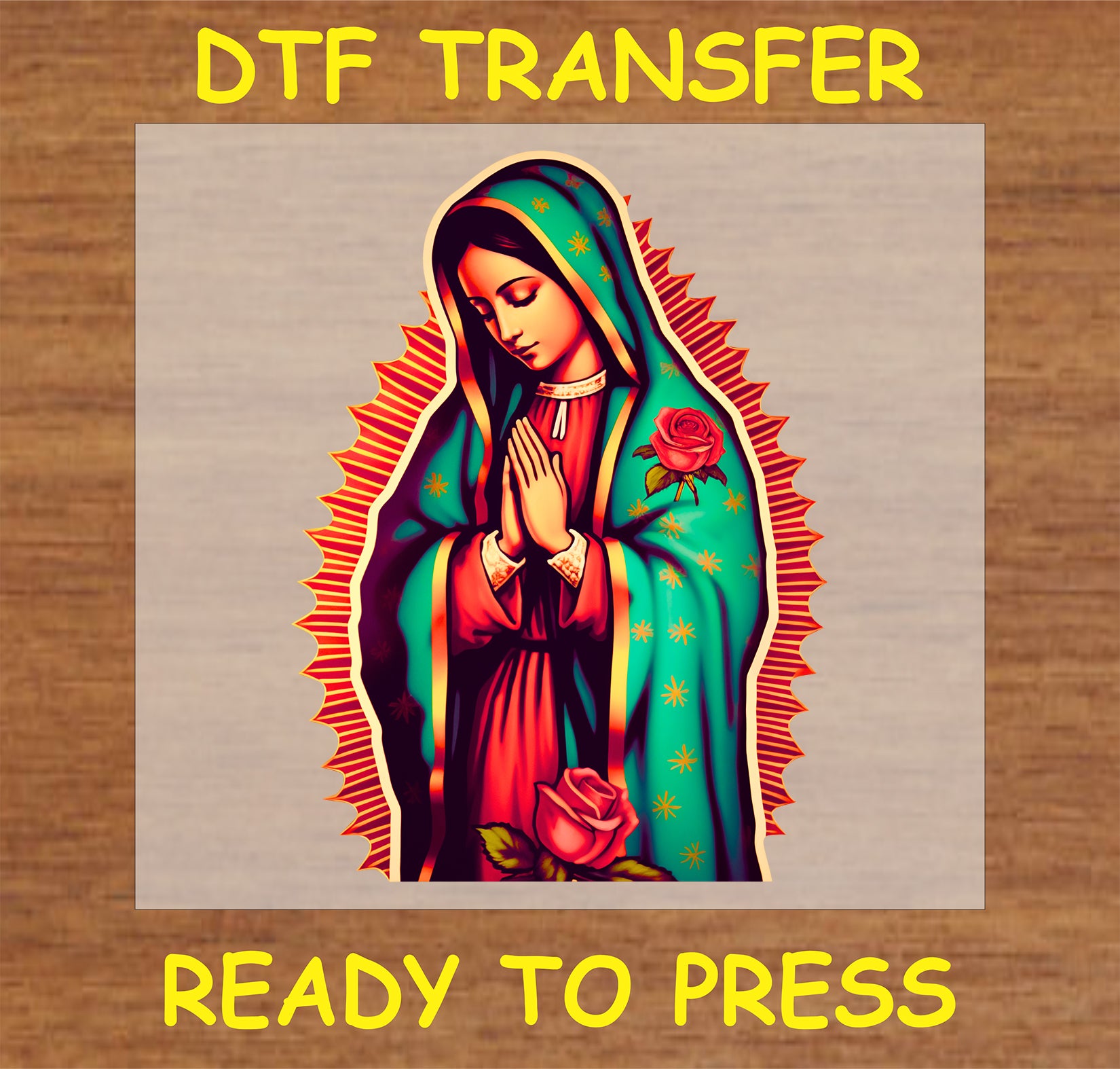 "Virgin Mary DTF Transfer with classic serene design and floral accents"